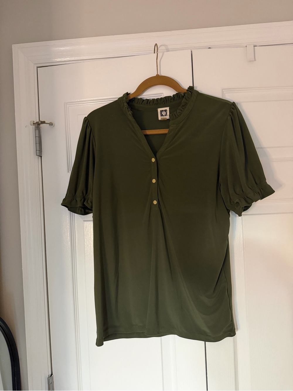 Anne Klein Olive Green Ruffle Neck Blouse